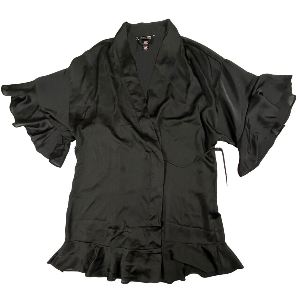 Victoria's Secret Black Satin Ruffle Robe Kimono XS/S New With Tags 399643-093